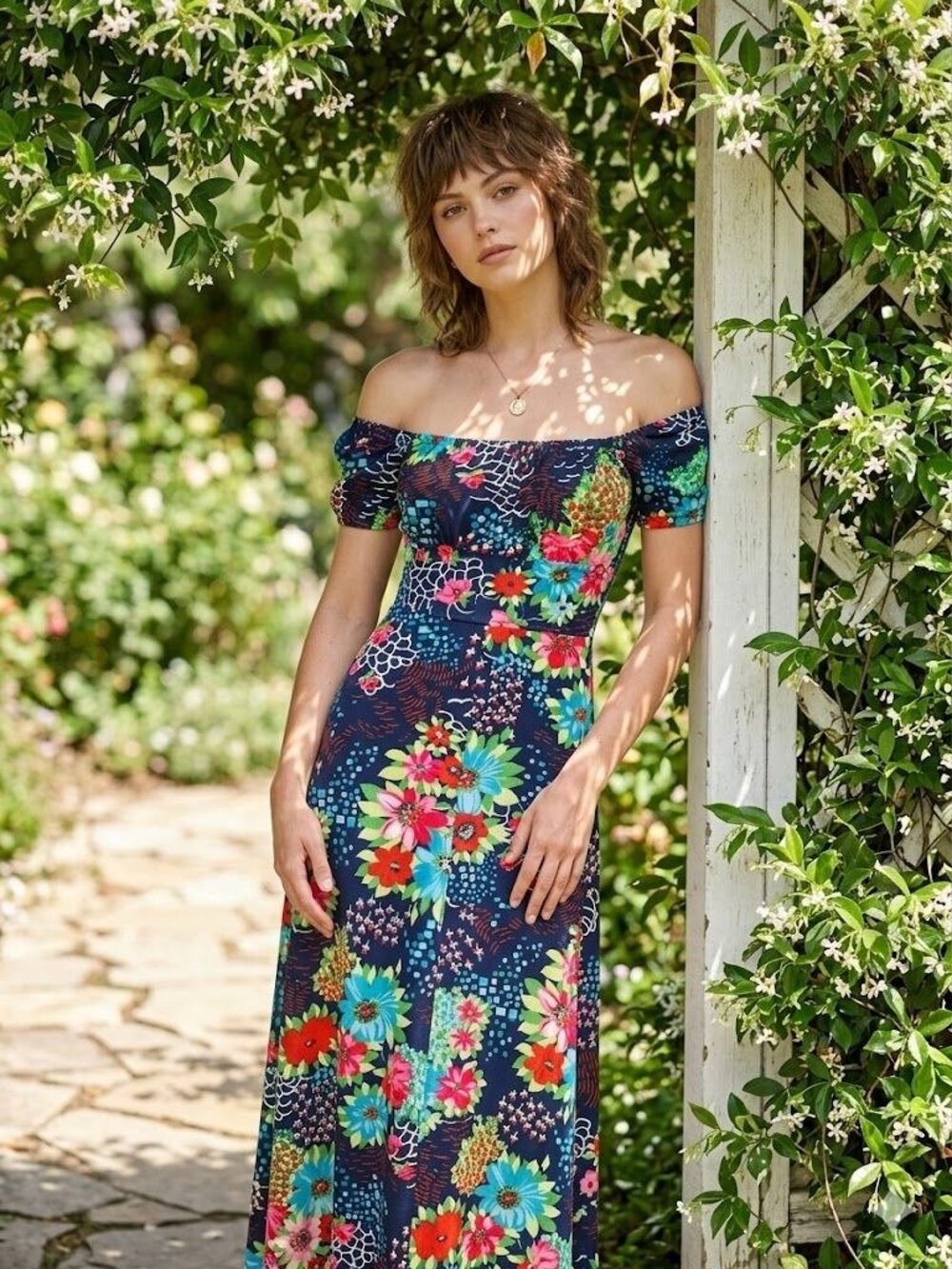 Vintage 70s Hippie Boho Floral Maxi Dress Medium Navy Off Shoulder Prairie Folk